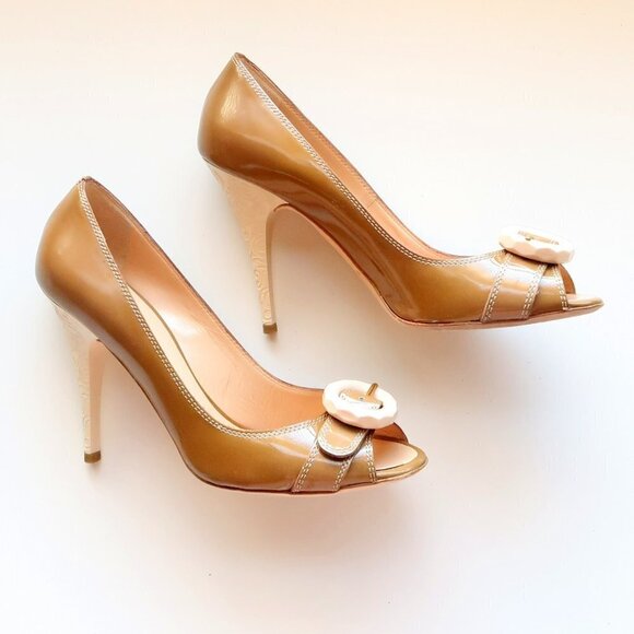 Escada Patent Leather Peep Toe Heels Pumps Designer Formal Dress Shoes Size 8.5 - Picture 14 of 16